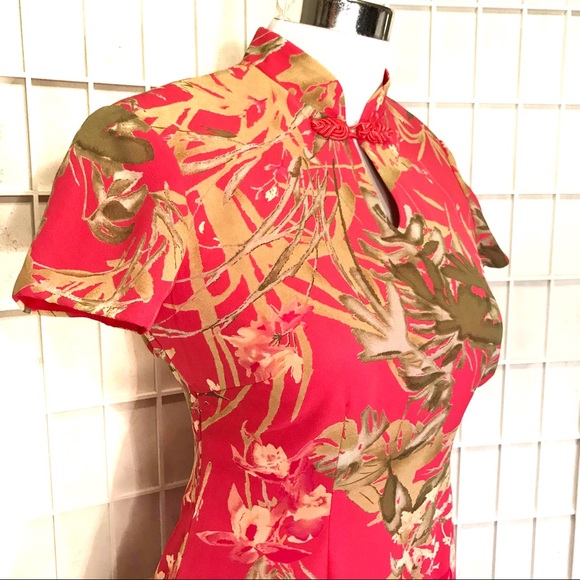 Vintage Cheongsam Coral Botanical Print Dress NWT - Picture 2 of 12